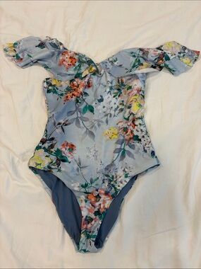Nordstrom Light Blue Floral Off-Shoulder One-Piece Swimsuit